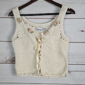 Vintage Cottagecore Cream Floral Accent Crochet Tie Up Top Vest - Large